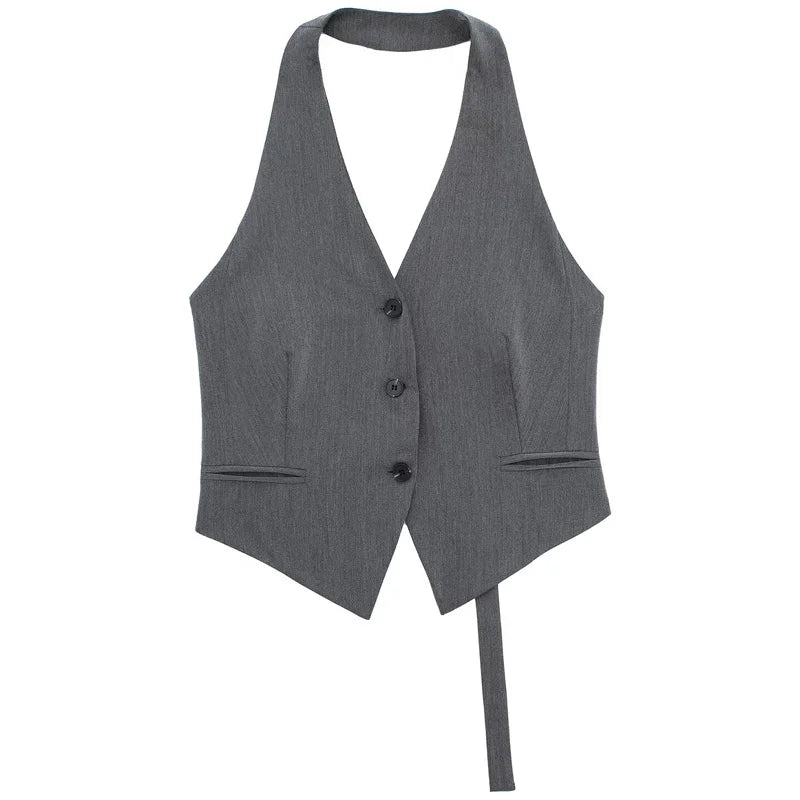 HXAO Women's Vest Crop Halter Neck Waistcoat Black White Grey Outerwears Button Backless Sleeveless Top Female Chic Elegant Vest