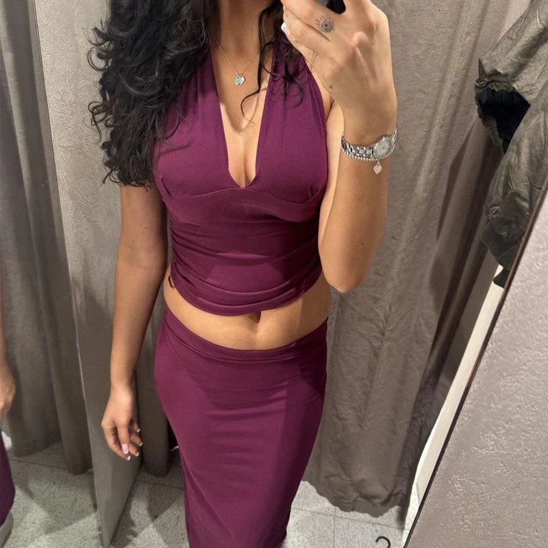 Women's Two Pieces Set Sexy Backless Halter Top Summer Set Woman Slit High Waist Skirt Set Elegant Women 2 Piece Set 2025