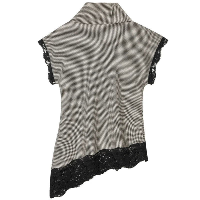HXAO Asymmetric Lace Plaid Shirt Women's Blouse Spring Summer 2026 High Neck Sleevesless Top Elegant And Youthful Women Blouses