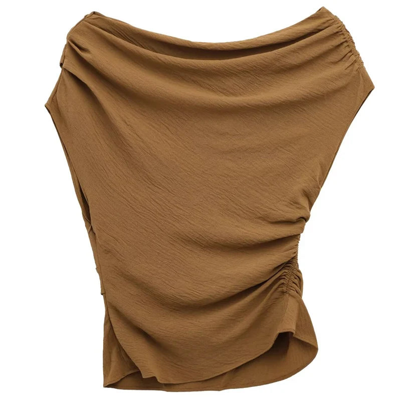 HXAO Top Women Summer 2025 Asymmetric Ruffled Tanks & Camis Crop Corset White Brown Tunic Tops For Woman Elegant Fashion Vests