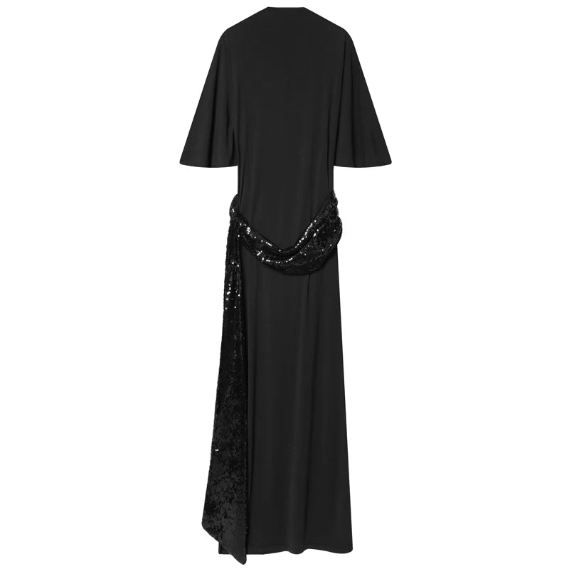 HXAO Sequins Black Dress Womens Dresses Summer 2026 Sexy O-Neck Batwing Sleeves Backless Belt Vestidos Fashion Christmas Dresses