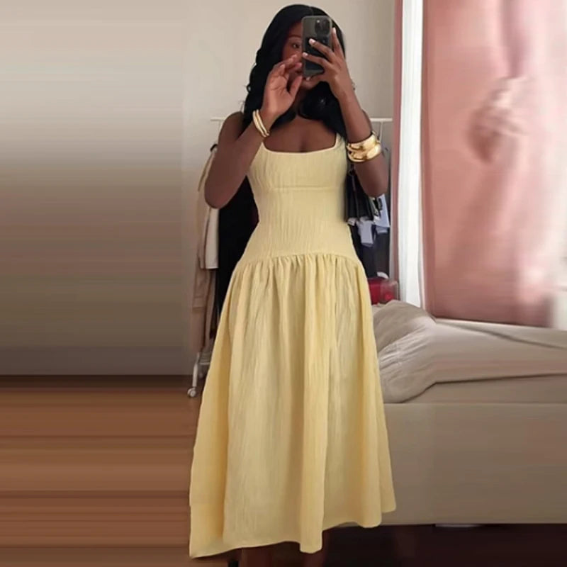 HXAO 2025 Pleated Slip Dress Womens Dresses Summer Sexy Yellow Long Dresses Backless Sleeveless Dress Textured Ruffled Vestidos