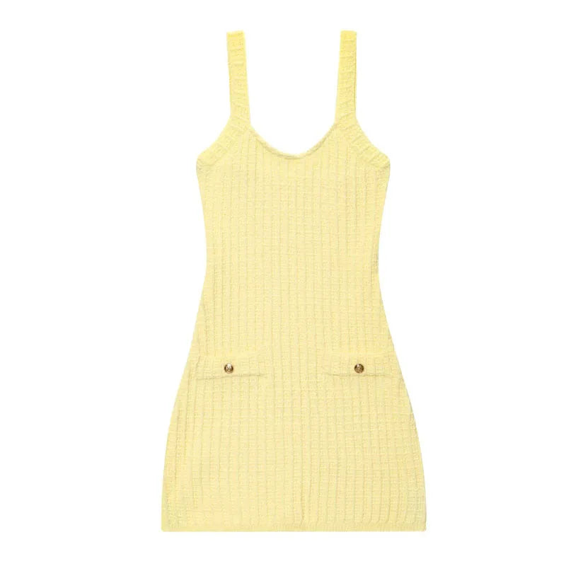 HXAO Short Women's Dress Summer 2025 New Backless Sleeveless Corset Dress Elegant Gowns Yellow Knitted Party Beach Female Dress