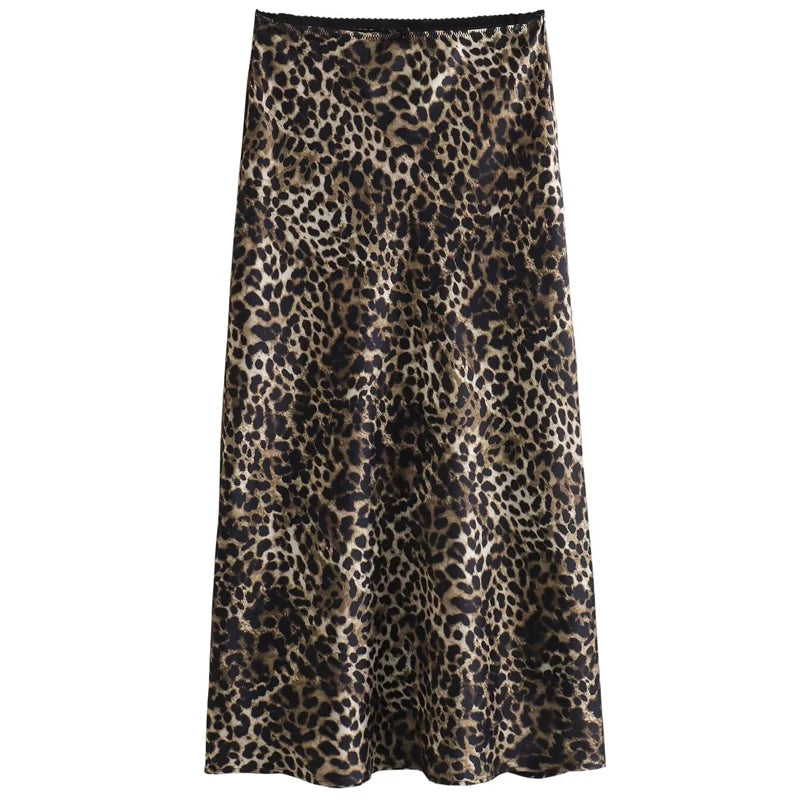 HXAO Women's Skirt Leopard Bow Satin Skirt Summer 2025 Vintage High Waist Wrap Long Skirts For Women Elegant High Street Skirts