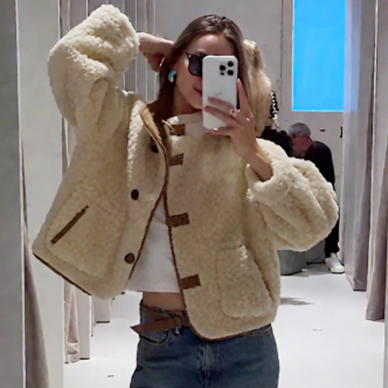 HXAO Cropped Suede Jacket Women's Jacket 2025 Teddy Fleece Double-Sided Jacket  Button Up Long Sleeve Outerwear Chic Hairy Coat