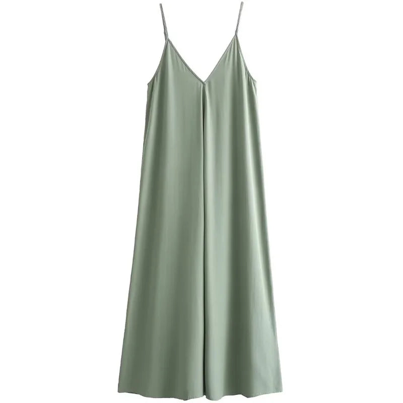 HXAO 2025 Women's Slip Dress Summer Green Red Black Dress Casual V-Neck Backless Long Dresses Sleeveless Vestidos Resort Dresses