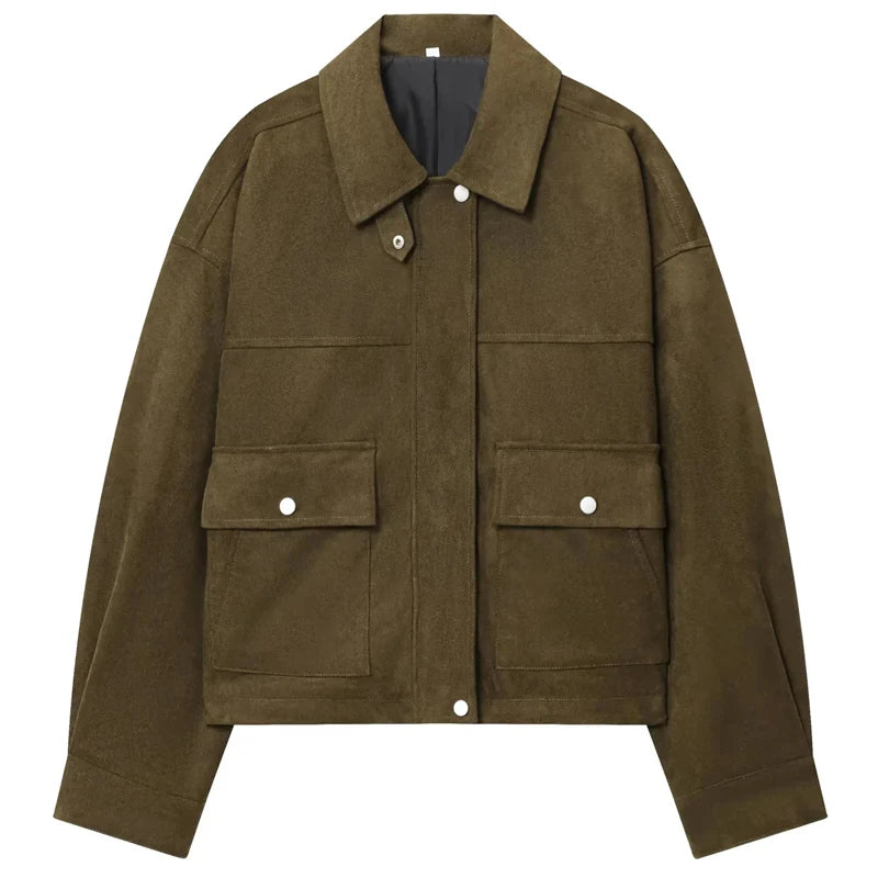 HXAO Green Faux Suede Jacket Women's Bomber Jacket Autumn 2025 New In Coats & Jackets Chic Elegant Pockets Long Sleeve Outerwear