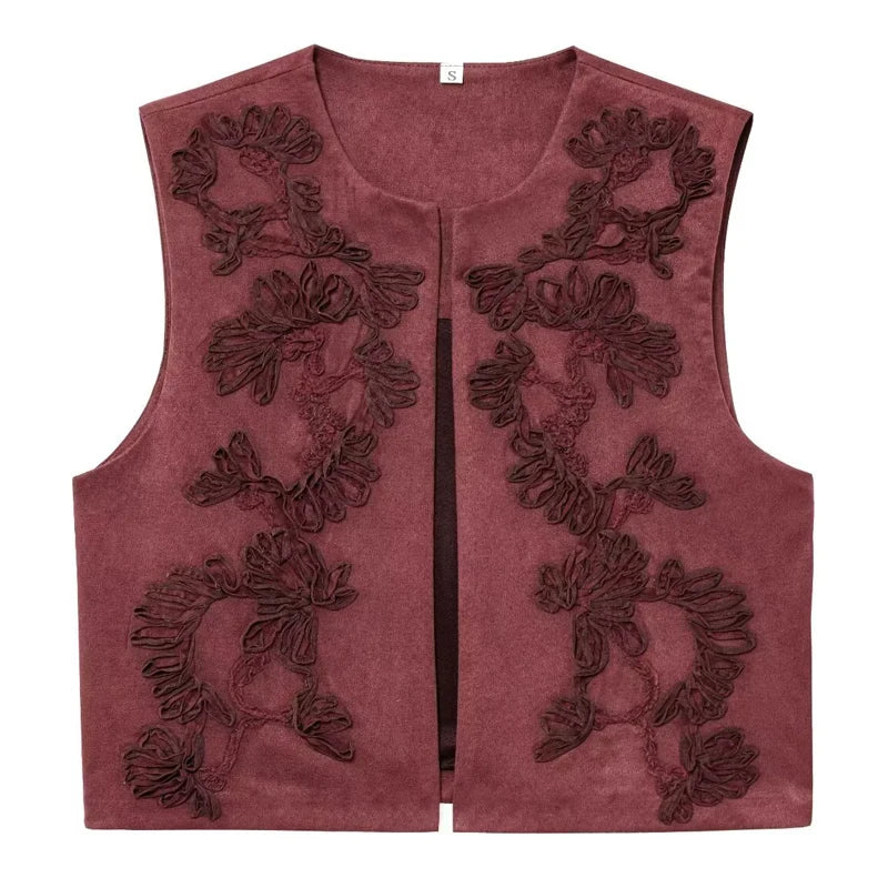 Women Embroidered Vest Top O Neck Faux Suede Women's Sleeveless Vest Casual Loose Waistcoat Woman Chic Lady Top Street Outwear