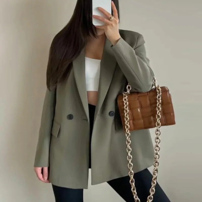 HXAO Women's Blazer Spring Office Wear Woman Outerwears Black Green Gray Blazer Long Sleeve Coats Blazers Fitted Suit Jacket 066