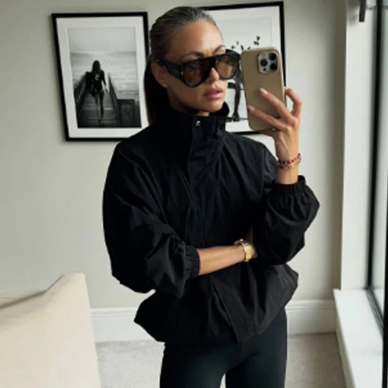 HXAO Cropped Black Windbreaker Women's Jacket Autumn 2025 Oversize Zip-Up Long Sleeve Top Coat Windproof Stand Collar Outerwears