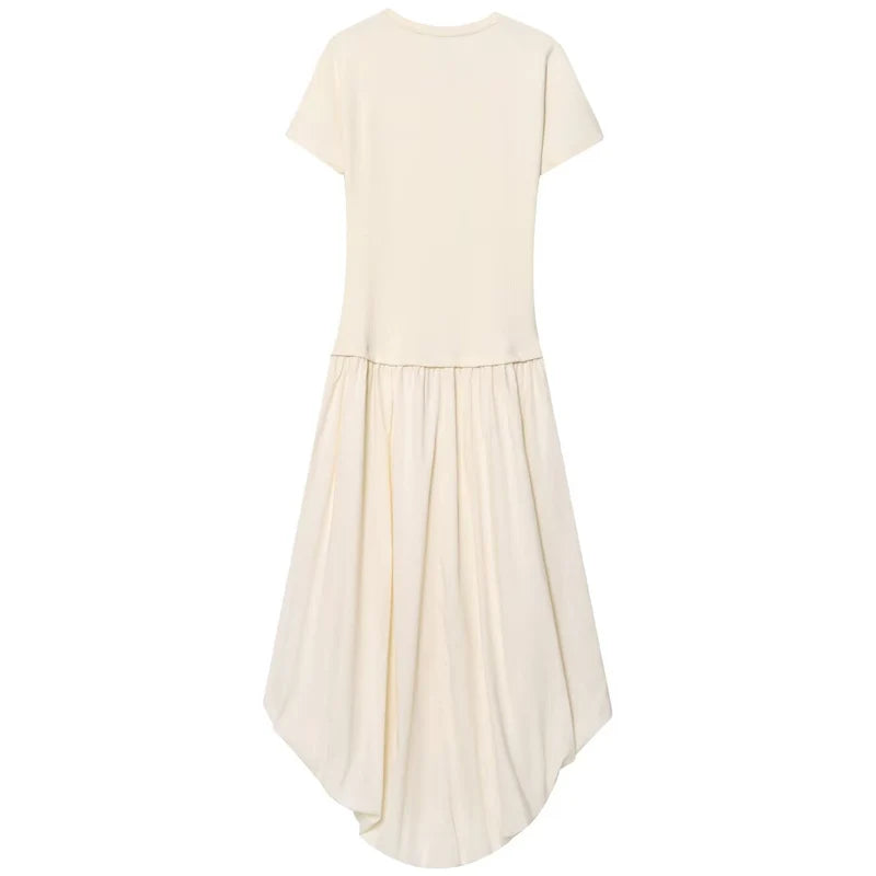 HXAO 2025 Womens Balloon Dresses Summer Elegant Evening Party Long Dresses Off White Patchwork Short Sleeve Dress Chic Vestidos