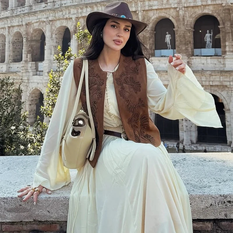 Women Embroidered Vest Top O Neck Faux Suede Women's Sleeveless Vest Casual Loose Waistcoat Woman Chic Lady Top Street Outwear