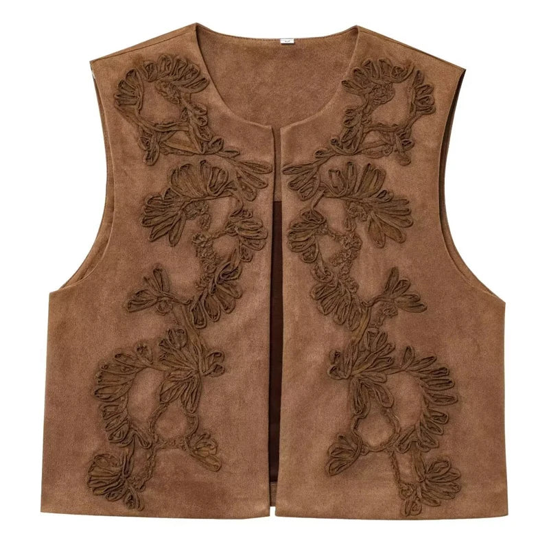 Women Embroidered Vest Top O Neck Faux Suede Women's Sleeveless Vest Casual Loose Waistcoat Woman Chic Lady Top Street Outwear
