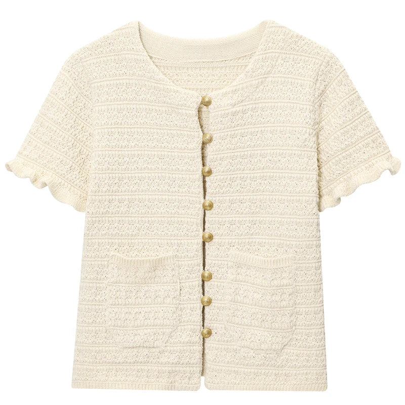 HXAO Crop Knit Cardigan For Women Summer Knitwear 2025 Women's Sweater Pink Off White O-Neck Short Sleeve Bolero Cardigan Woman