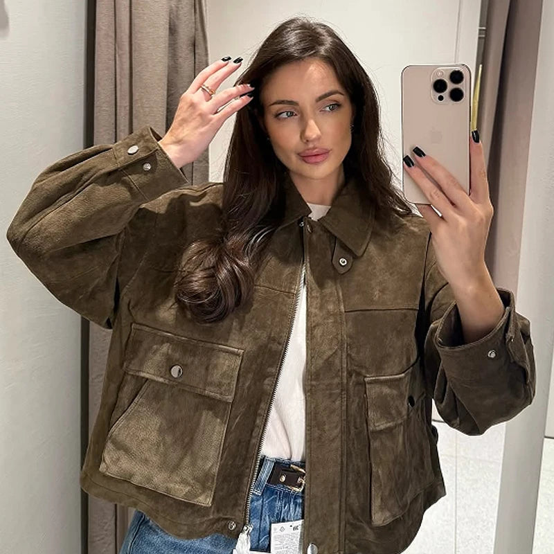 HXAO Green Faux Suede Jacket Women's Bomber Jacket Autumn 2025 New In Coats & Jackets Chic Elegant Pockets Long Sleeve Outerwear