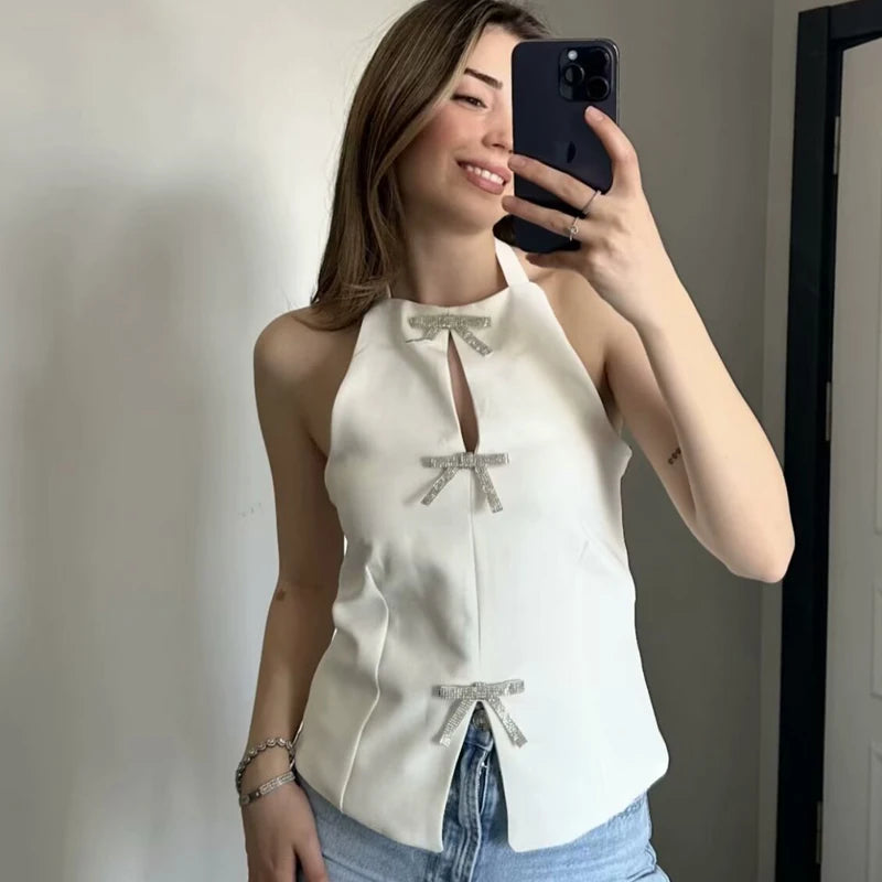 HXAO Bow Halter Top Women Summer 2025 Tanks & Camis Rhinestones Butterfly Crop Backless Tops For Women Sleeveless Tank Top Vest