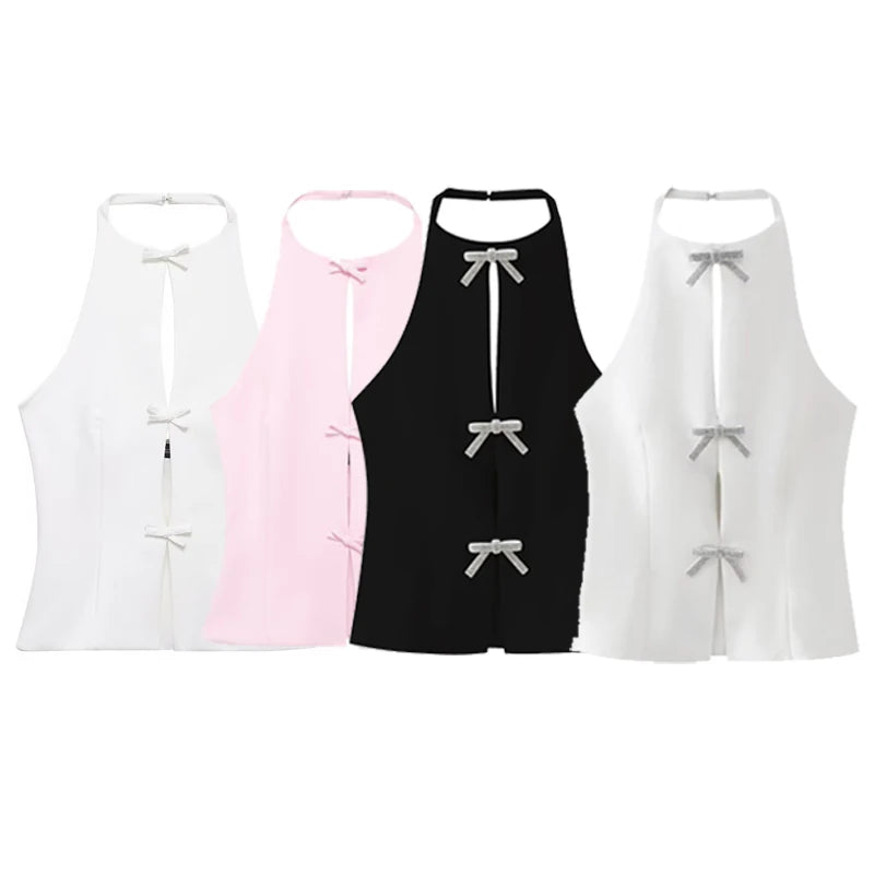 HXAO Bow Halter Top Women Summer 2025 Tanks & Camis Rhinestones Butterfly Crop Backless Tops For Women Sleeveless Tank Top Vest