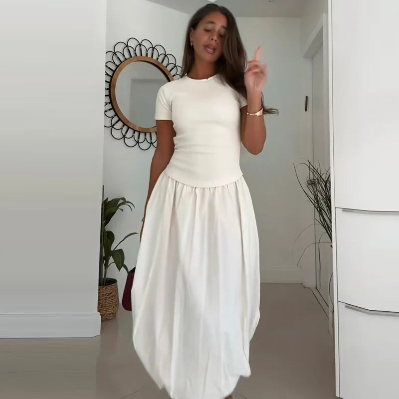 HXAO 2025 Womens Balloon Dresses Summer Elegant Evening Party Long Dresses Off White Patchwork Short Sleeve Dress Chic Vestidos