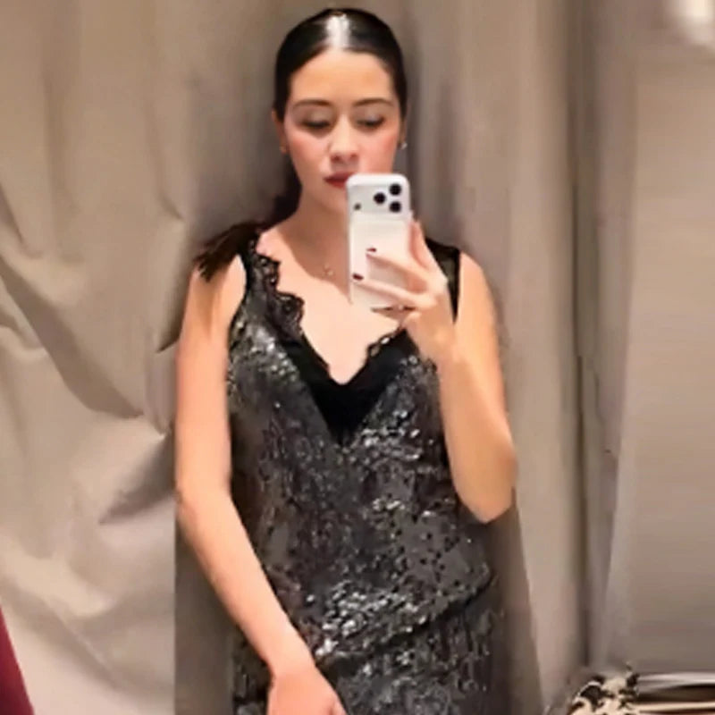 HXAO Asymmetric Lace Sequin Top Women Y2K Tanks & Camis Sexy Slip Tank Top Sleeveless Glitter Camisole Chic Shiny Backless Vests