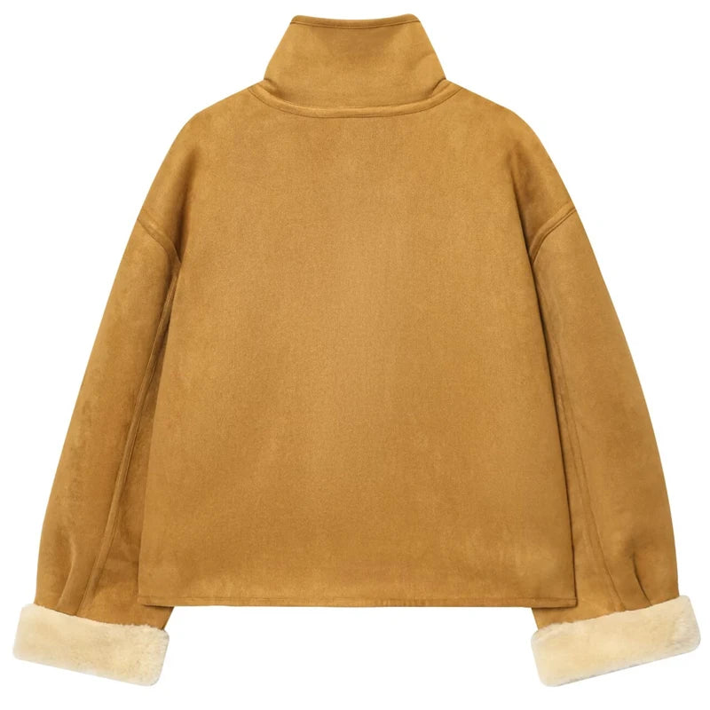 HXAO Cropped Suede Jacket Women's Jacket 2025 Teddy Fleece Double-Sided Jacket  Button Up Long Sleeve Outerwear Chic Hairy Coat