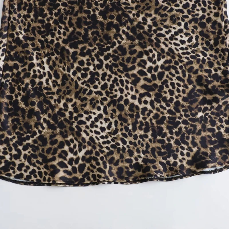 HXAO Women's Skirt Leopard Bow Satin Skirt Summer 2025 Vintage High Waist Wrap Long Skirts For Women Elegant High Street Skirts