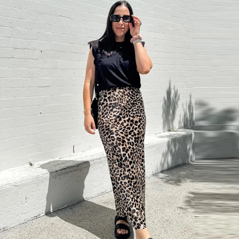 HXAO Women's Skirt Leopard Bow Satin Skirt Summer 2025 Vintage High Waist Wrap Long Skirts For Women Elegant High Street Skirts