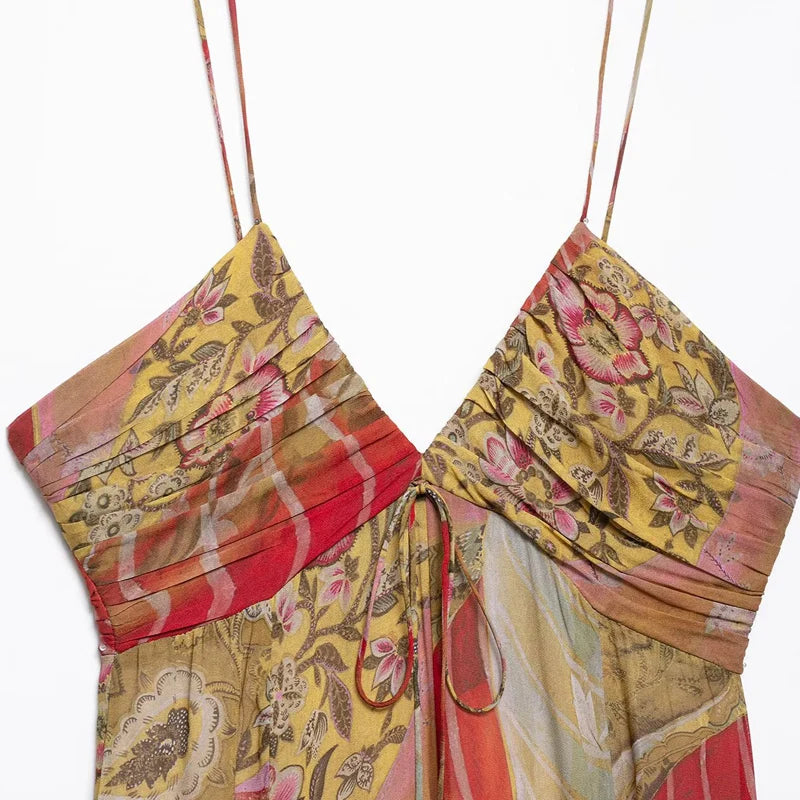 HXAO Womens Dresses Print Slip Dress Summer 2025 Elegant Party Dresses Midi Floral Ruffled Lace-Up V-Neck Backless Chic Vestidos