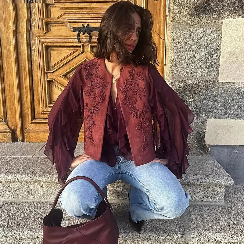 Women Embroidered Vest Top O Neck Faux Suede Women's Sleeveless Vest Casual Loose Waistcoat Woman Chic Lady Top Street Outwear