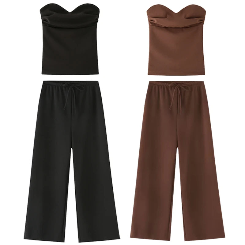 HXAO Ruffled Pant Sets Women's Two Pieces Set Strapless Crop Backless Tube Top Suit Chic Lace-Up Wide Leg Trousers Sets Outfits