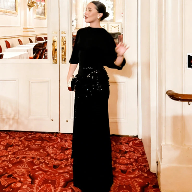 HXAO Sequins Black Dress Womens Dresses Summer 2026 Sexy O-Neck Batwing Sleeves Backless Belt Vestidos Fashion Christmas Dresses