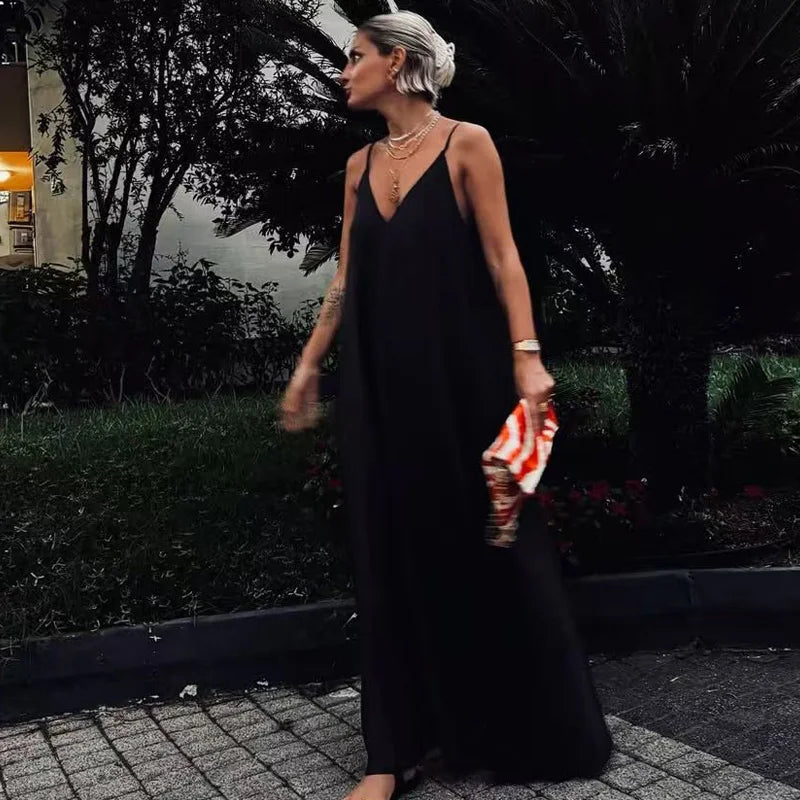 HXAO 2025 Women's Slip Dress Summer Green Red Black Dress Casual V-Neck Backless Long Dresses Sleeveless Vestidos Resort Dresses