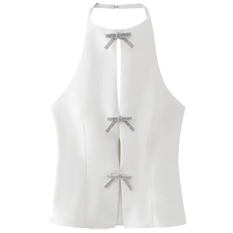 HXAO Bow Halter Top Women Summer 2025 Tanks & Camis Rhinestones Butterfly Crop Backless Tops For Women Sleeveless Tank Top Vest