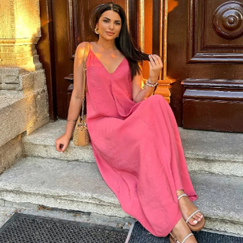 HXAO 2025 Women's Slip Dress Summer Green Red Black Dress Casual V-Neck Backless Long Dresses Sleeveless Vestidos Resort Dresses