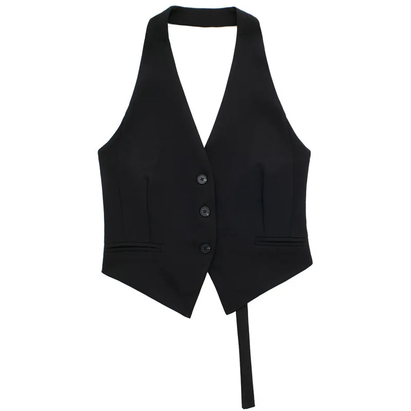 HXAO Women's Vest Crop Halter Neck Waistcoat Black White Grey Outerwears Button Backless Sleeveless Top Female Chic Elegant Vest