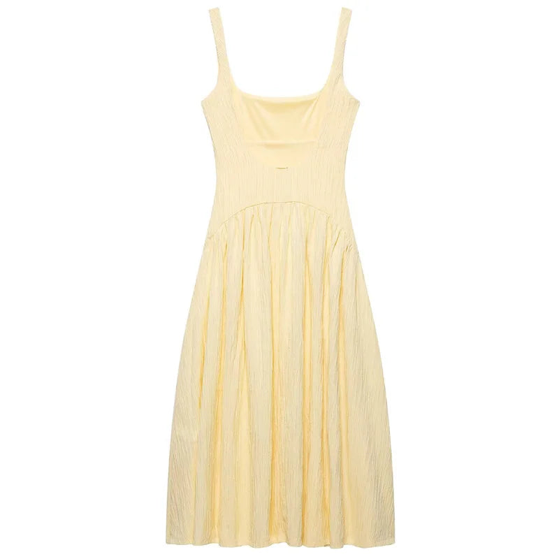 HXAO 2025 Pleated Slip Dress Womens Dresses Summer Sexy Yellow Long Dresses Backless Sleeveless Dress Textured Ruffled Vestidos