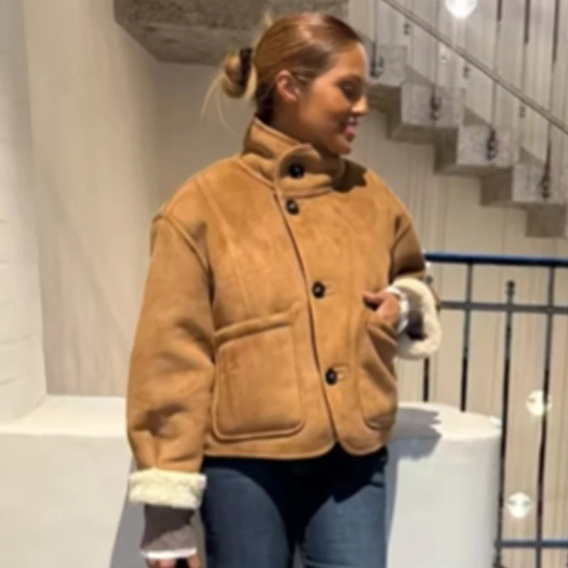 HXAO Cropped Suede Jacket Women's Jacket 2025 Teddy Fleece Double-Sided Jacket  Button Up Long Sleeve Outerwear Chic Hairy Coat