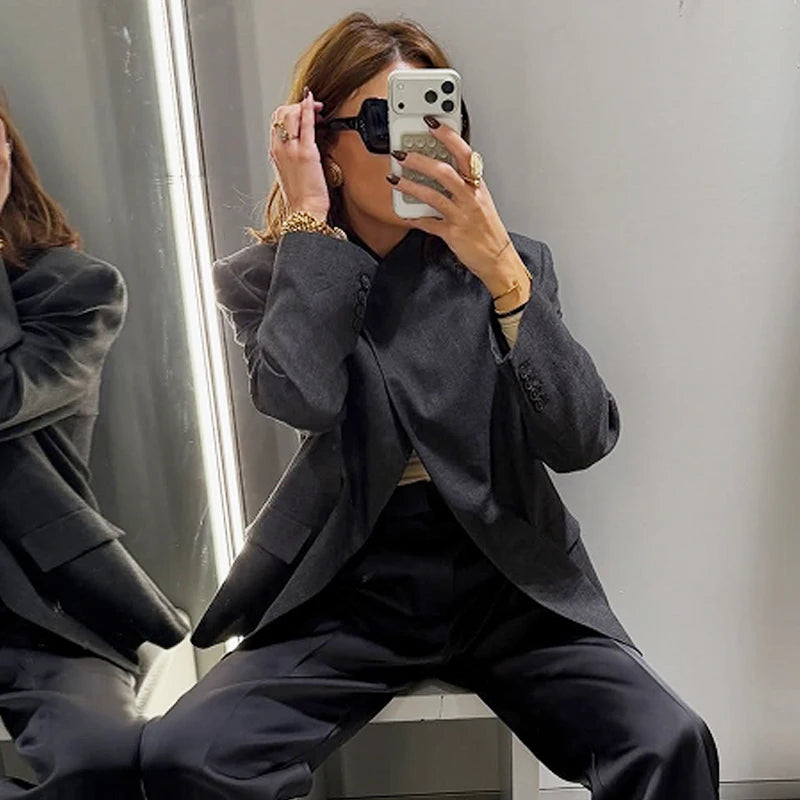 HXAO 2025 Women's Jacket Autumn Grey Asymmetric Outerwears New In Coats & Jackets Long Sleeve Tops Ladies Button Outdoor Jackets