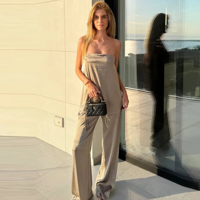 HXAO Women's Two Pieces Set Satin Pant Sets Summer Women's Suit Strapless Off Shoulder Tube Top Outfit High Waist Trousers Sets