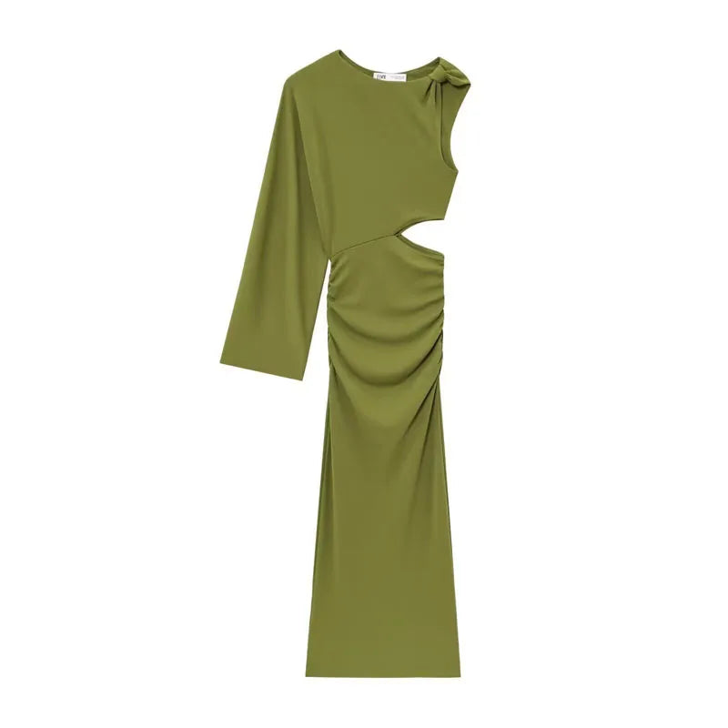 Women's Summer Dress Green Asymmetrical Women's Corset Ruffled Long Dress Single Long Sleeve Hollow Dresses Elegant Female Dress