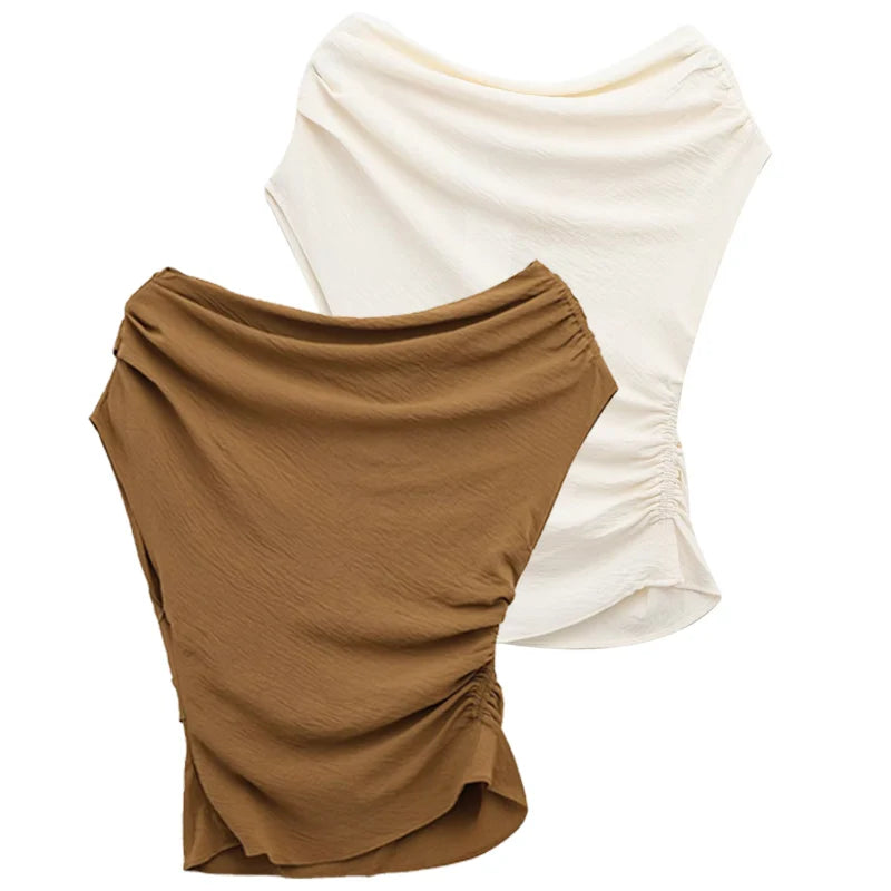 HXAO Top Women Summer 2025 Asymmetric Ruffled Tanks & Camis Crop Corset White Brown Tunic Tops For Woman Elegant Fashion Vests
