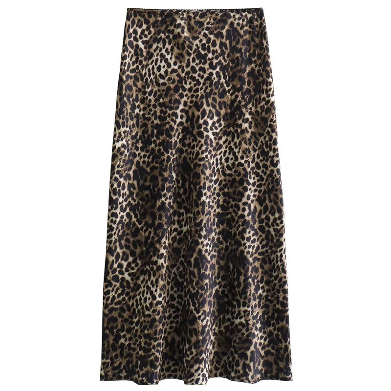 HXAO Women's Skirt Leopard Bow Satin Skirt Summer 2025 Vintage High Waist Wrap Long Skirts For Women Elegant High Street Skirts