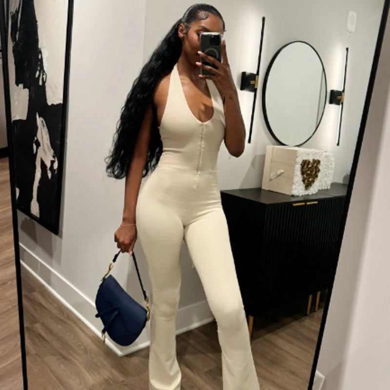 HXAO Halter Jumpsuit Woman Summer 2025 Black Off White Female Jumpsuit Elegant Women's Overalls Off Shoulder Backless Bodysuits