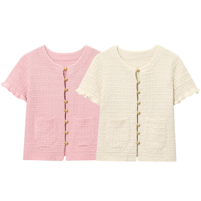 HXAO Crop Knit Cardigan For Women Summer Knitwear 2025 Women's Sweater Pink Off White O-Neck Short Sleeve Bolero Cardigan Woman