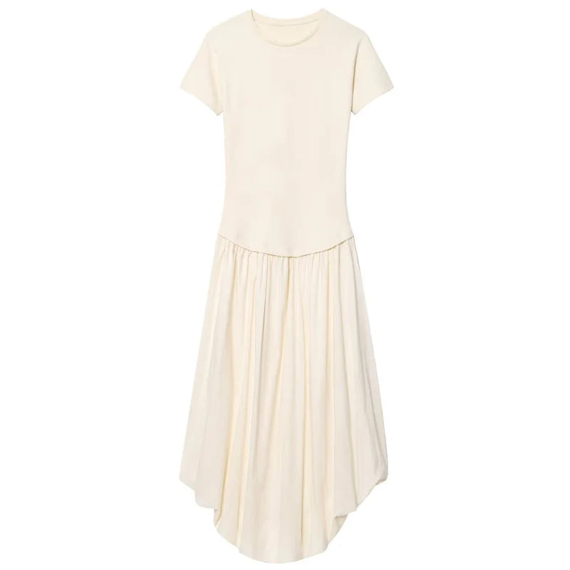 HXAO 2025 Womens Balloon Dresses Summer Elegant Evening Party Long Dresses Off White Patchwork Short Sleeve Dress Chic Vestidos