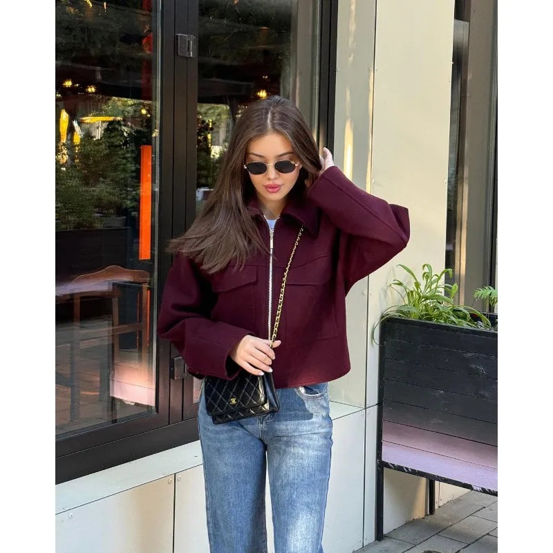 HXAO Autumn Winter Cropped Jacket for Women Fleece Outerwear Short Coat Tweed Jacket Zip Demi-season Jacket Woman New in Coats