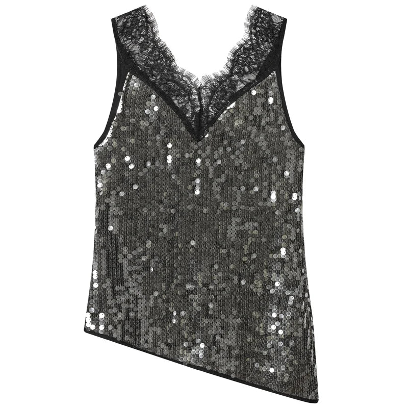 HXAO Asymmetric Lace Sequin Top Women Y2K Tanks & Camis Sexy Slip Tank Top Sleeveless Glitter Camisole Chic Shiny Backless Vests
