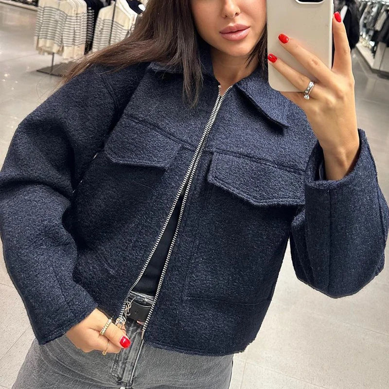 HXAO Autumn Winter Cropped Jacket for Women Fleece Outerwear Short Coat Tweed Jacket Zip Demi-season Jacket Woman New in Coats